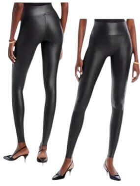 SPANX Faux Leather Leggings Black High Rise Tummy Control L